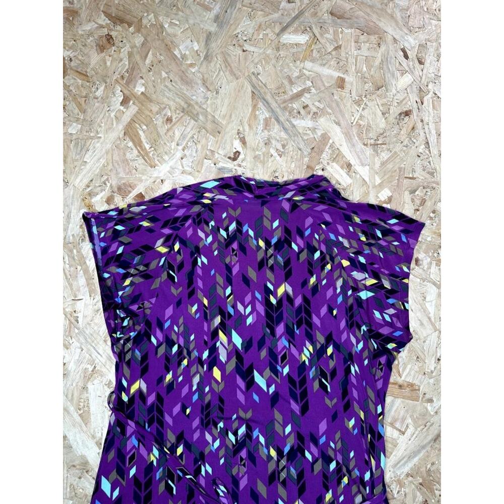 Attention Womens Purple Geometric Blouse Size Large Cap Sleeve V-Neck Belted Top - Picture 16 of 16